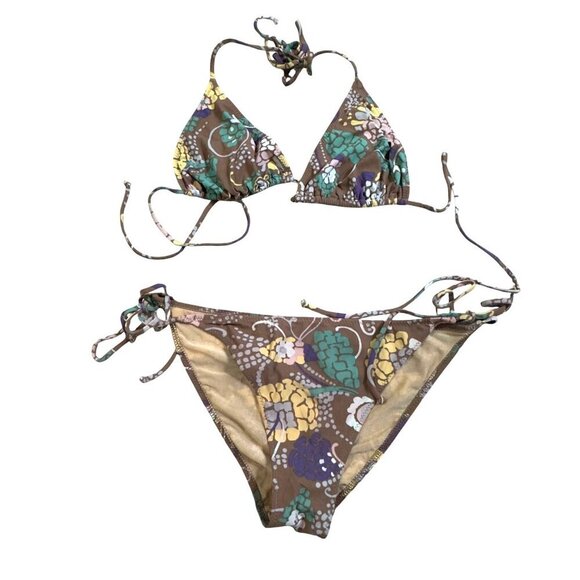 Missioni Vintage Swim 42/6 Floral Triangle String Bikini Swimsuit Brown Multi - Picture 2 of 6